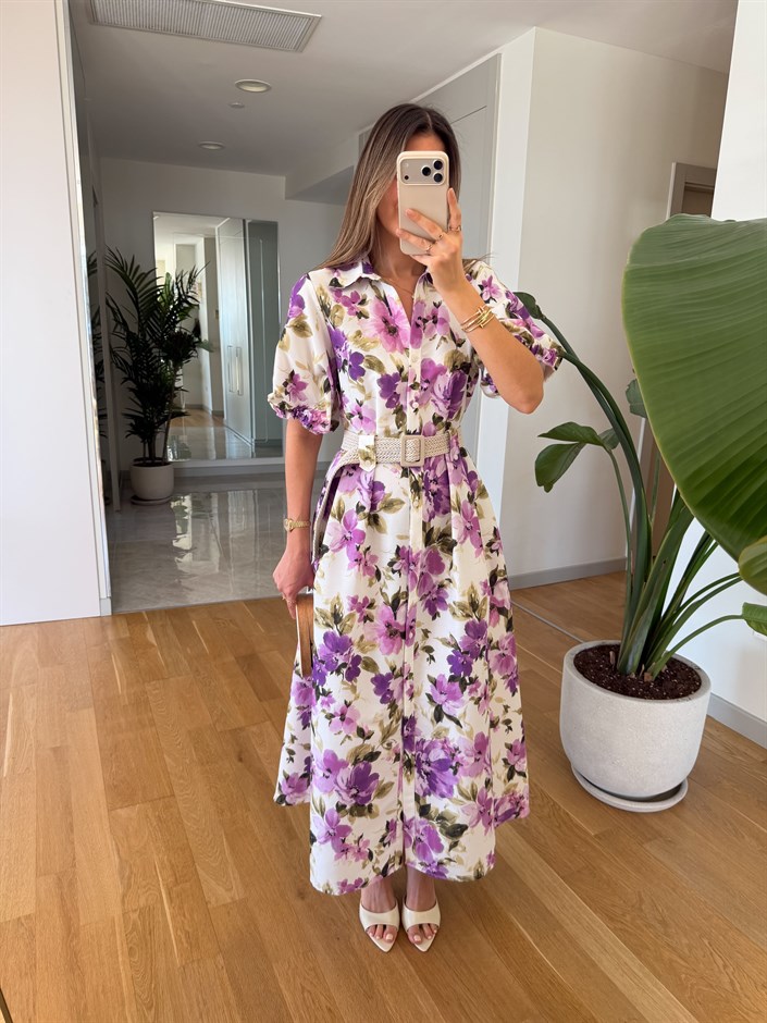 Çiçek Desenli Hasır Kemerli Elbise 