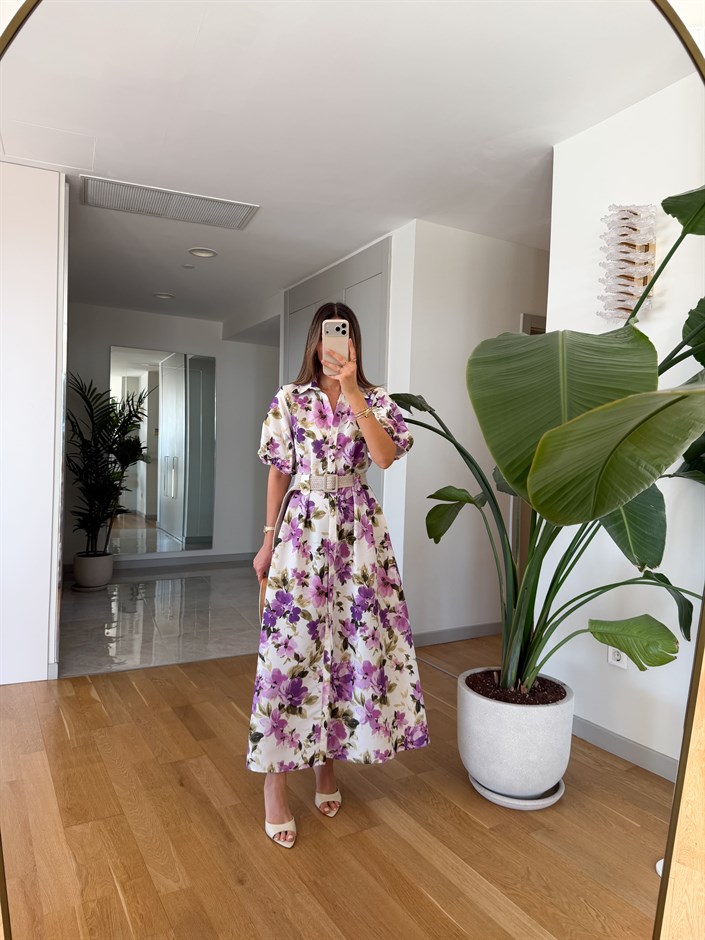 Çiçek Desenli Hasır Kemerli Elbise 