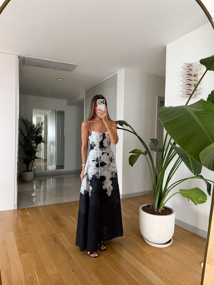 Çiçek Desenli  İp Askılı Midi Elbise - Siyah