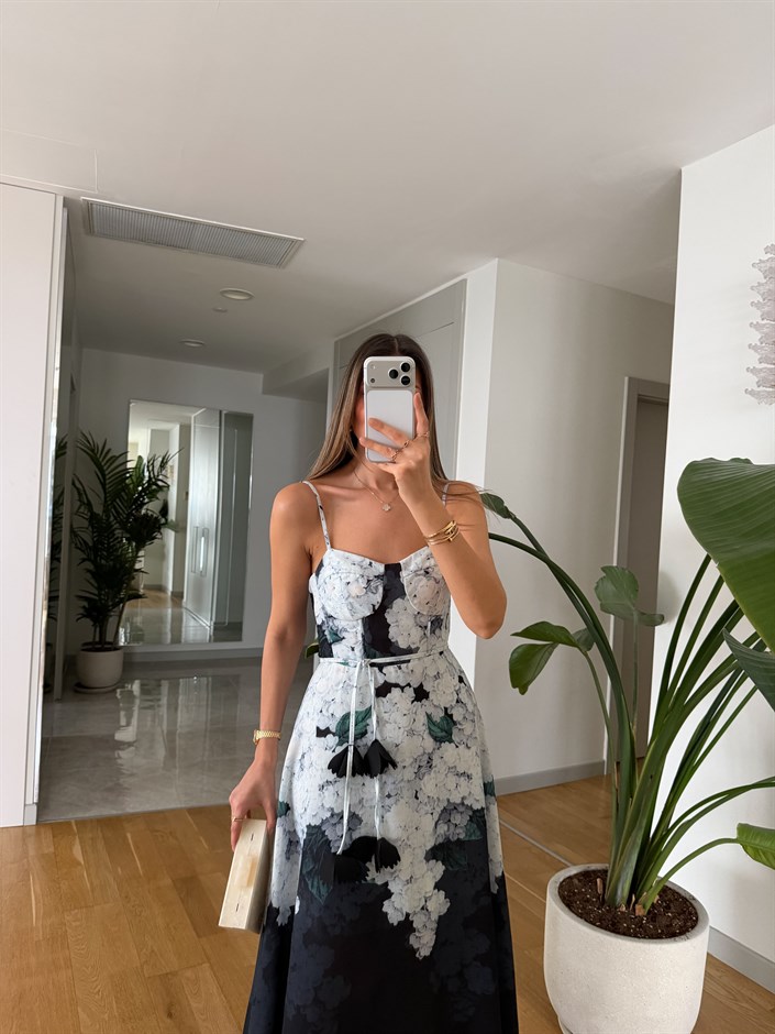 Çiçek Desenli  İp Askılı Midi Elbise - Siyah