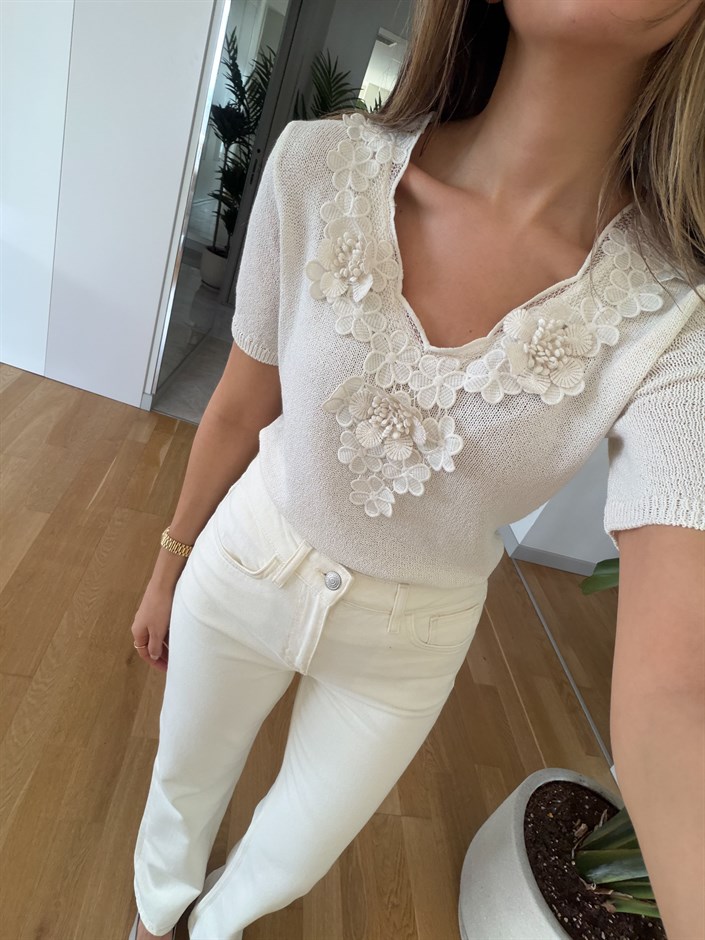 Çiçek Detaylı Merserize Triko - Ekru 