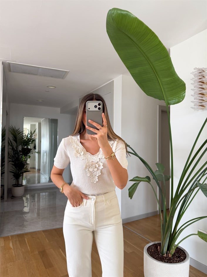 Çiçek Detaylı Merserize Triko - Ekru 