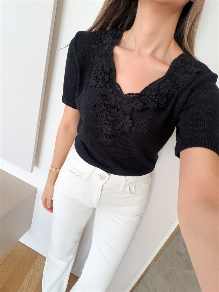Çiçek Detaylı Merserize Triko - Siyah