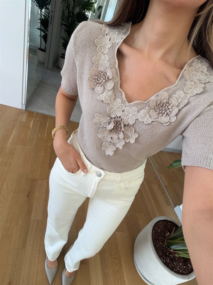 Çiçek Detaylı Merserize Triko - Taş 