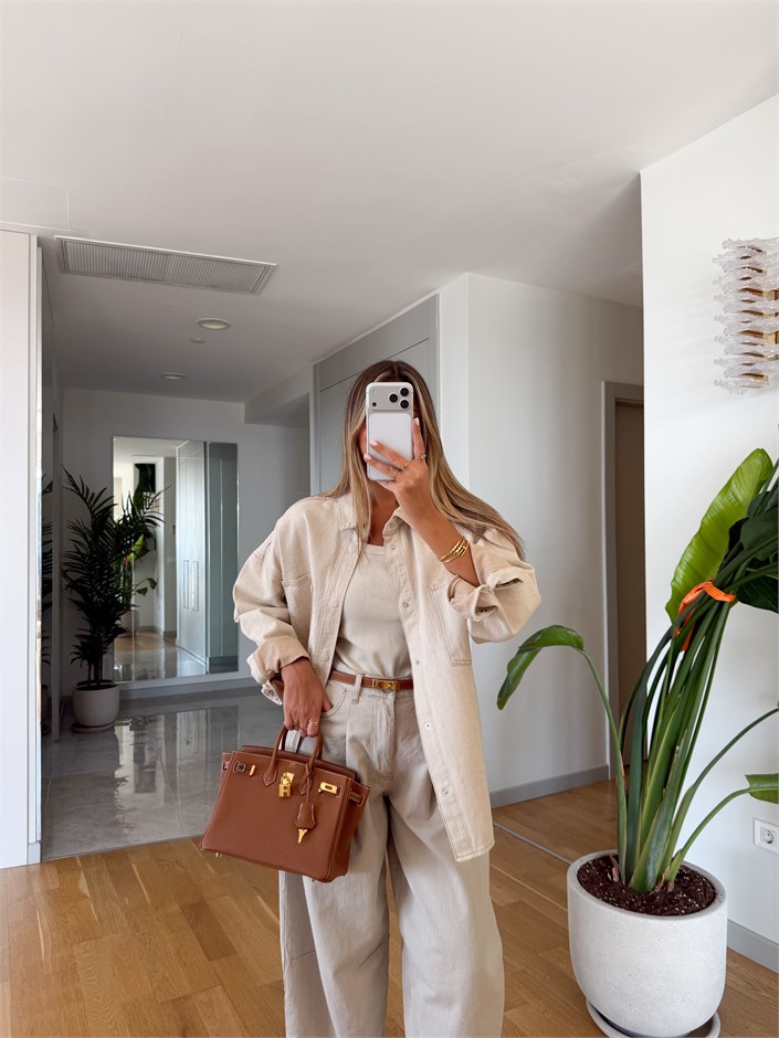 Çift Cepli Çıtçıtlı Gabardin Ceket - Taş