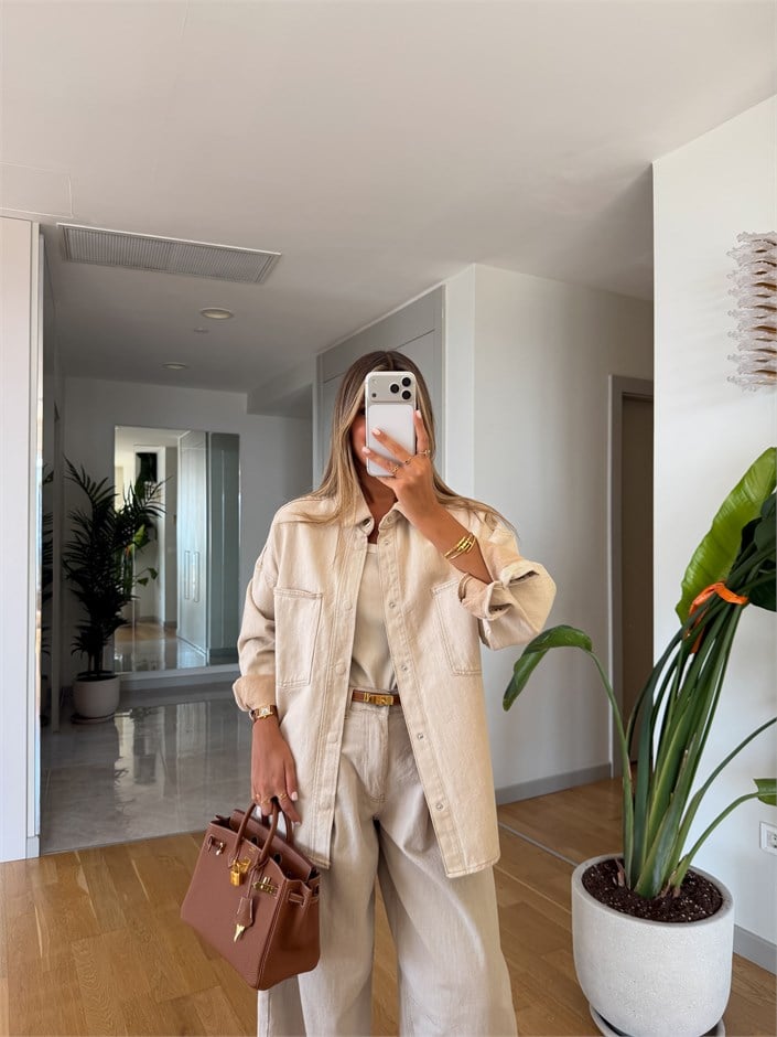 Çift Cepli Çıtçıtlı Gabardin Ceket - Taş