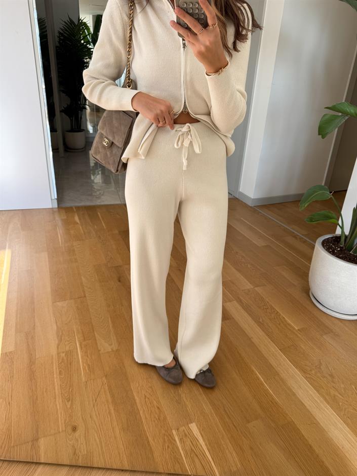 Çift Fermuarlı Fitilli Triko Takım - Ekru 