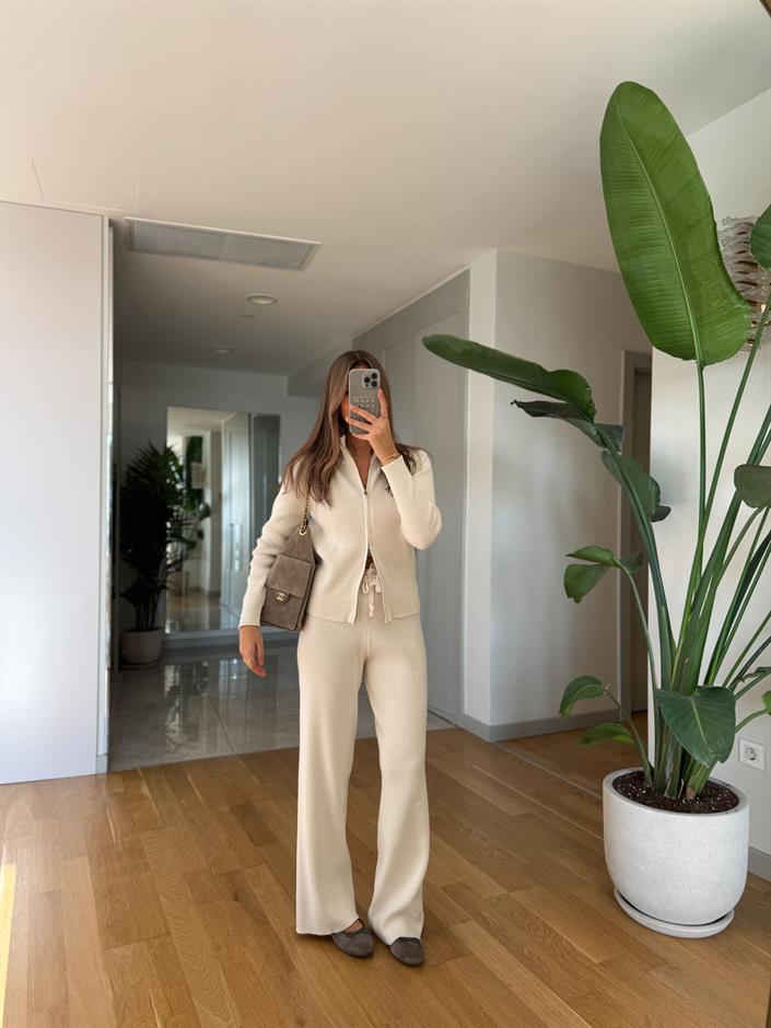 Çift Fermuarlı Fitilli Triko Takım - Ekru 