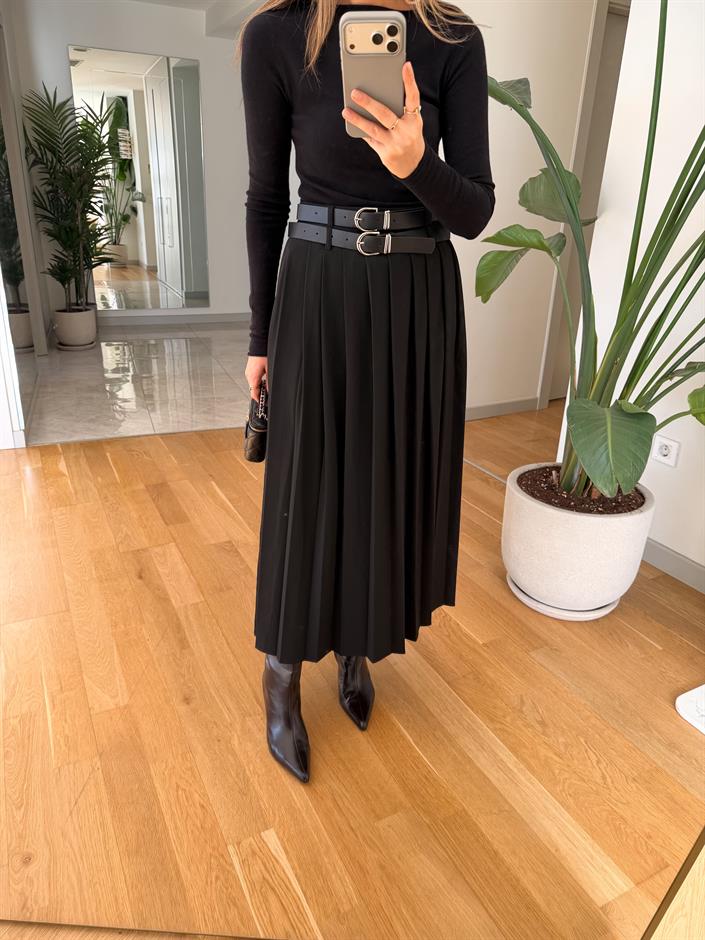 Çift Kemerli Pileli Uzun Etek - Siyah