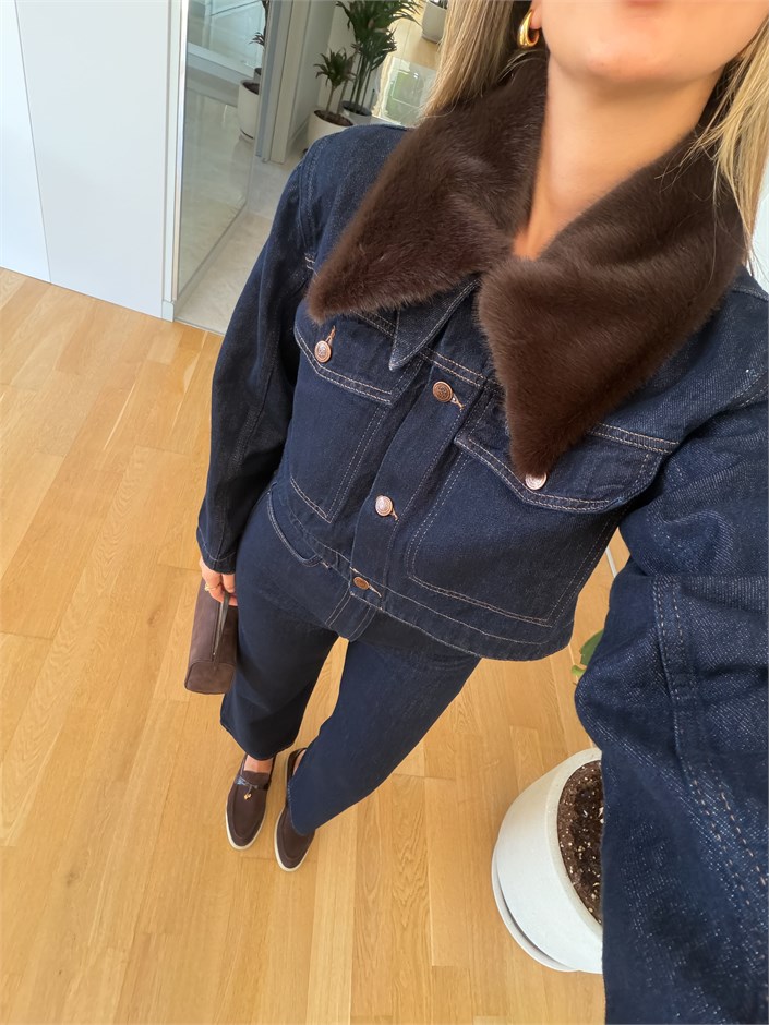 Çıkarılabilir Kürk Yakalı Denim Takım 