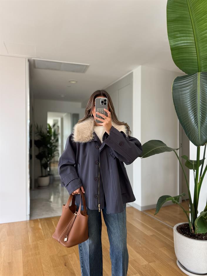 Çıkarılabilir Kürklü Premıum Ceket - İndigo