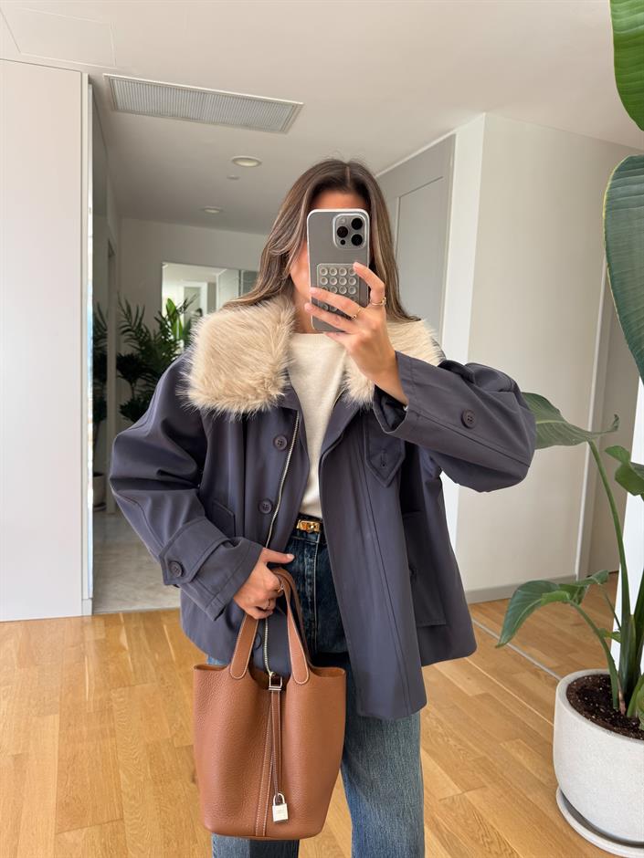 Çıkarılabilir Kürklü Premıum Ceket - İndigo