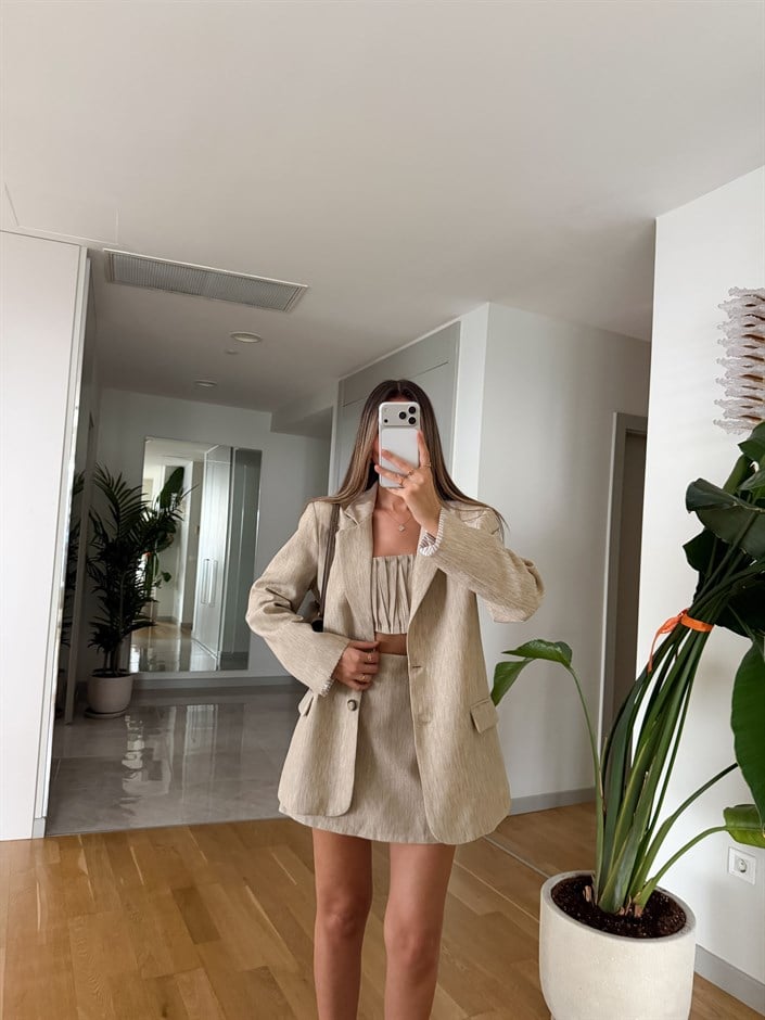 Çizgi Detaylı Keten Blazer Ceket - Bej  