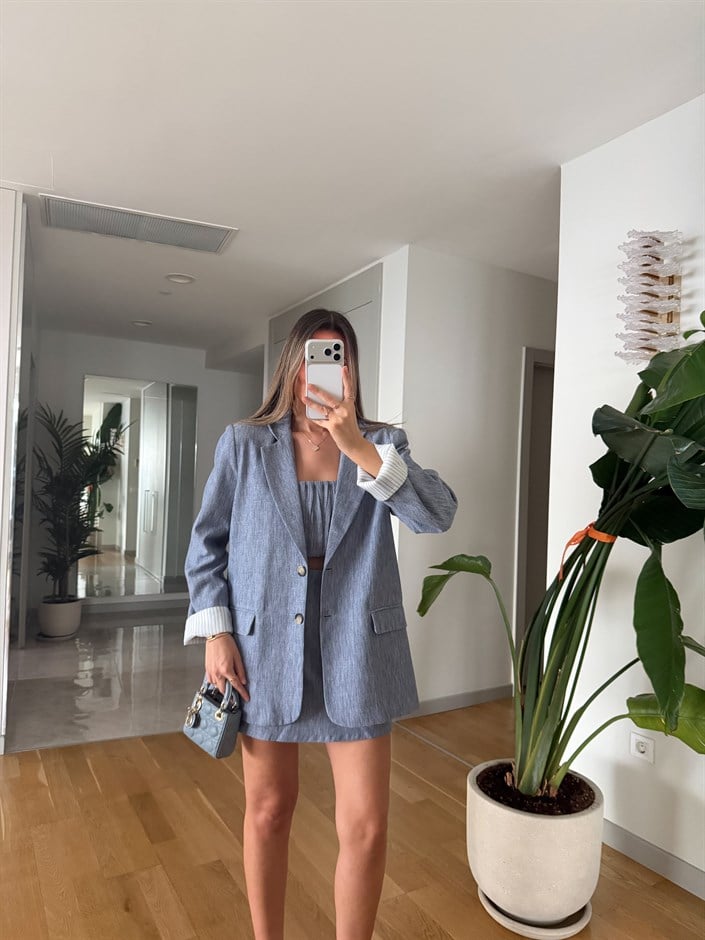 Çizgi Detaylı Keten Blazer Ceket - İndigo 