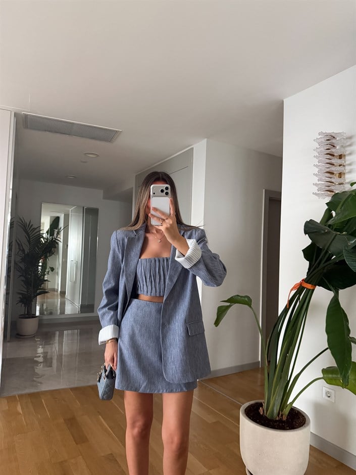 Çizgi Detaylı Keten Blazer Ceket - İndigo 