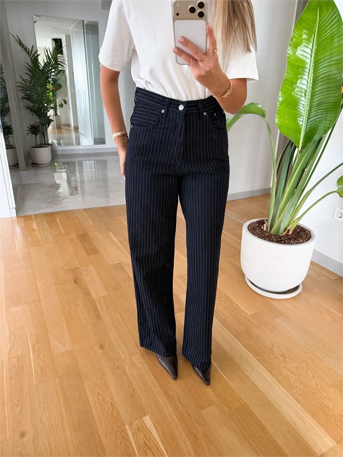 Çizgili Gabardin Straight Pantolon 