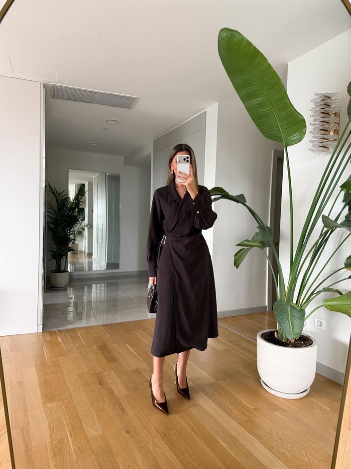 Clara Gold Tokalı Elbise - Kahve