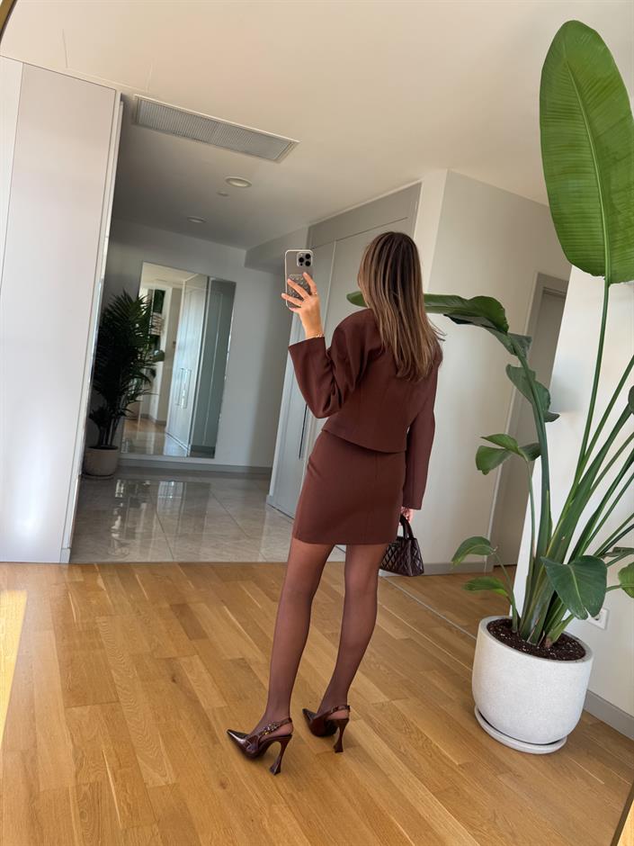 Çok Düğmeli Ceket Etek Takım - Kahve