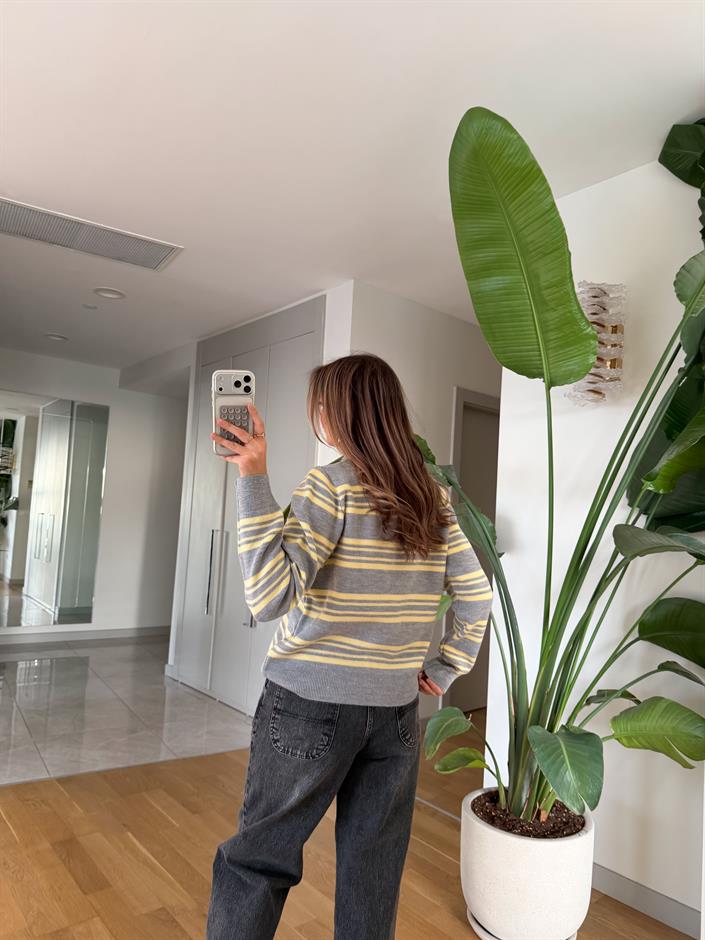 Cora Polo Yaka Çizgili Kazak - Gri 