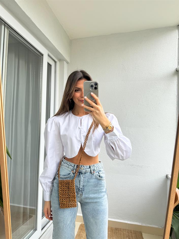 Crop Poplin Gömlek Bluz-Beyaz