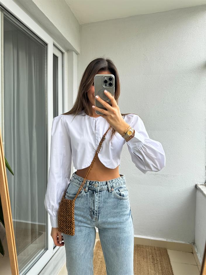 Crop Poplin Gömlek Bluz-Beyaz