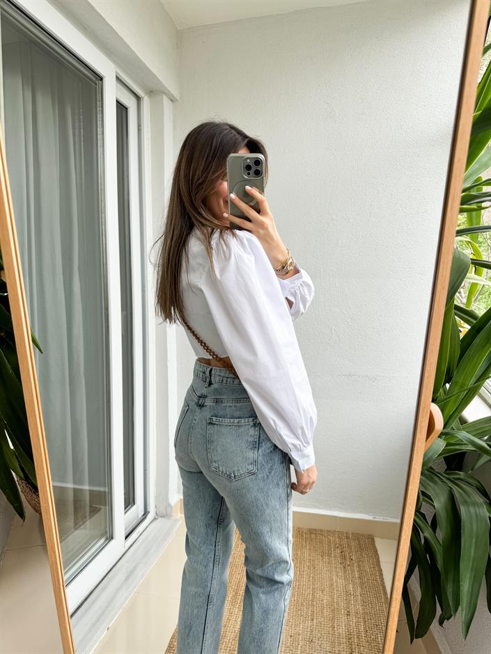 Crop Poplin Gömlek Bluz-Beyaz