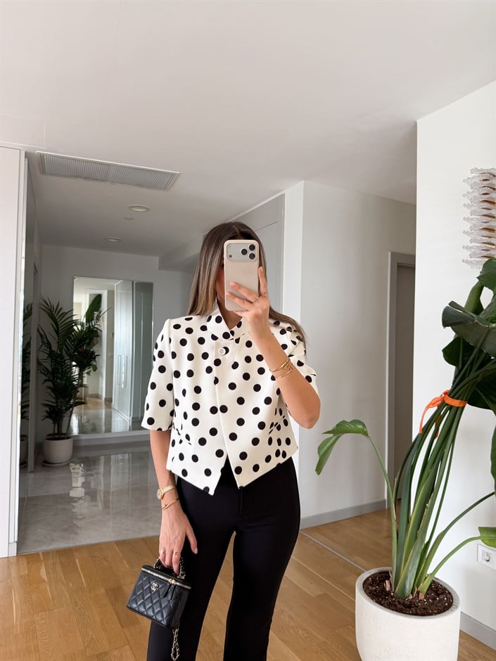 Crop Puantiyeli Blazer ceket - Ekru