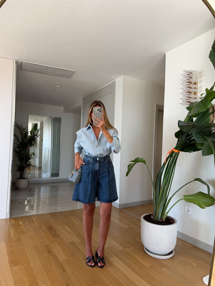 Cs Yüksek Bel Denim Şort -Koyu Mavi