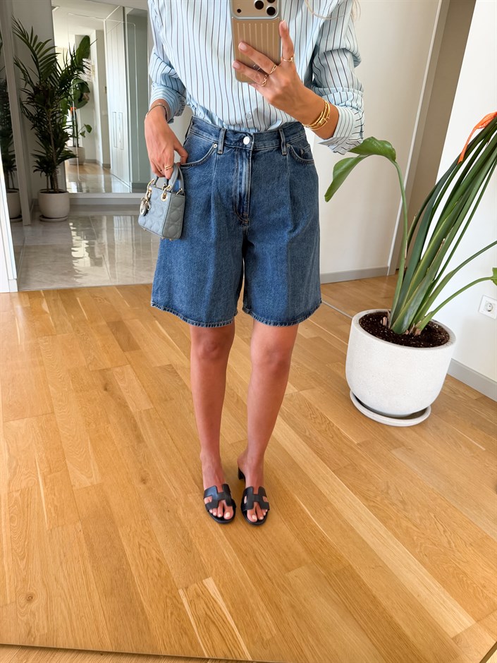 Cs Yüksek Bel Denim Şort -Koyu Mavi