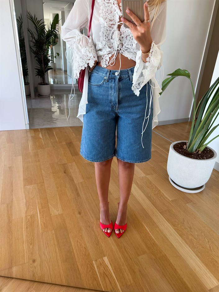 Cs Yüksek Bel Düz Kesim Denim Şort