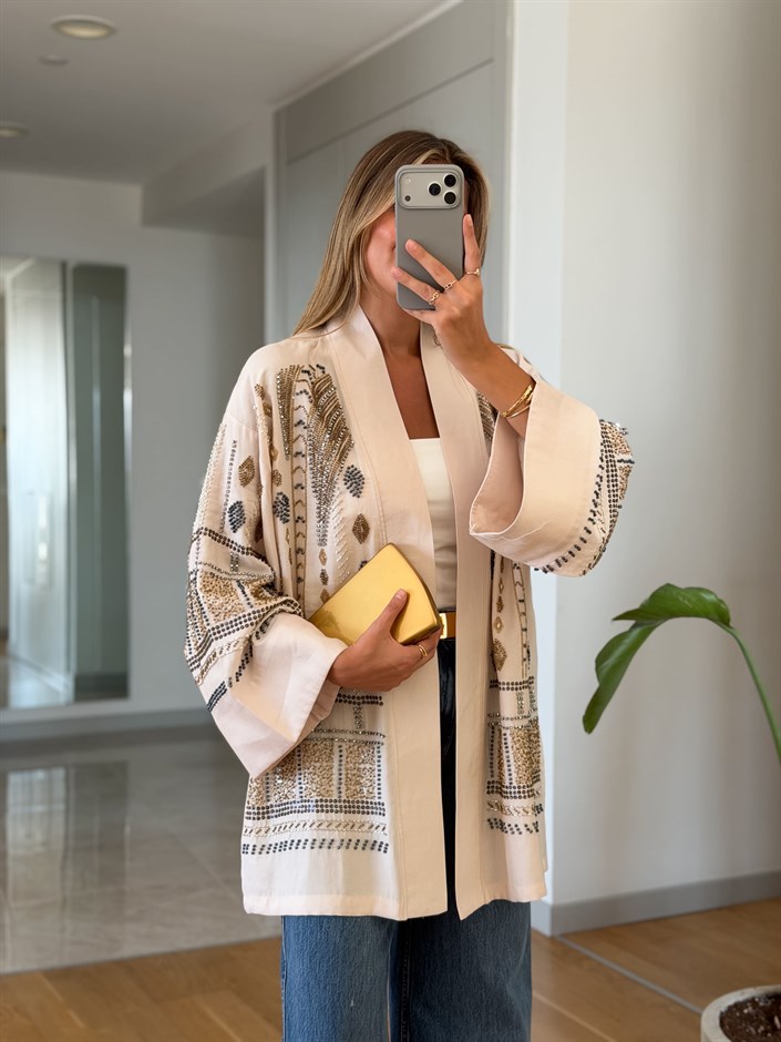 Daly Boncuk İşlemeli Kimono - Bej