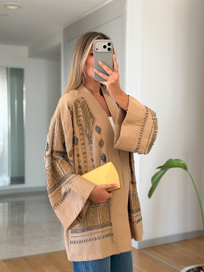 Daly Boncuk İşlemeli Kimono - Karamel