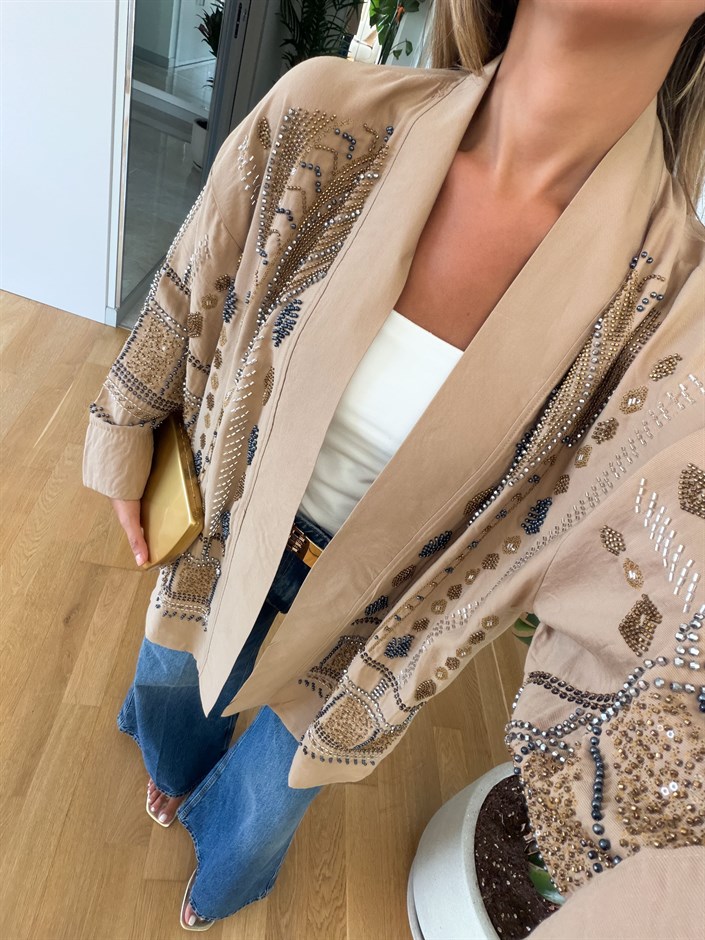 Daly Boncuk İşlemeli Kimono - Karamel