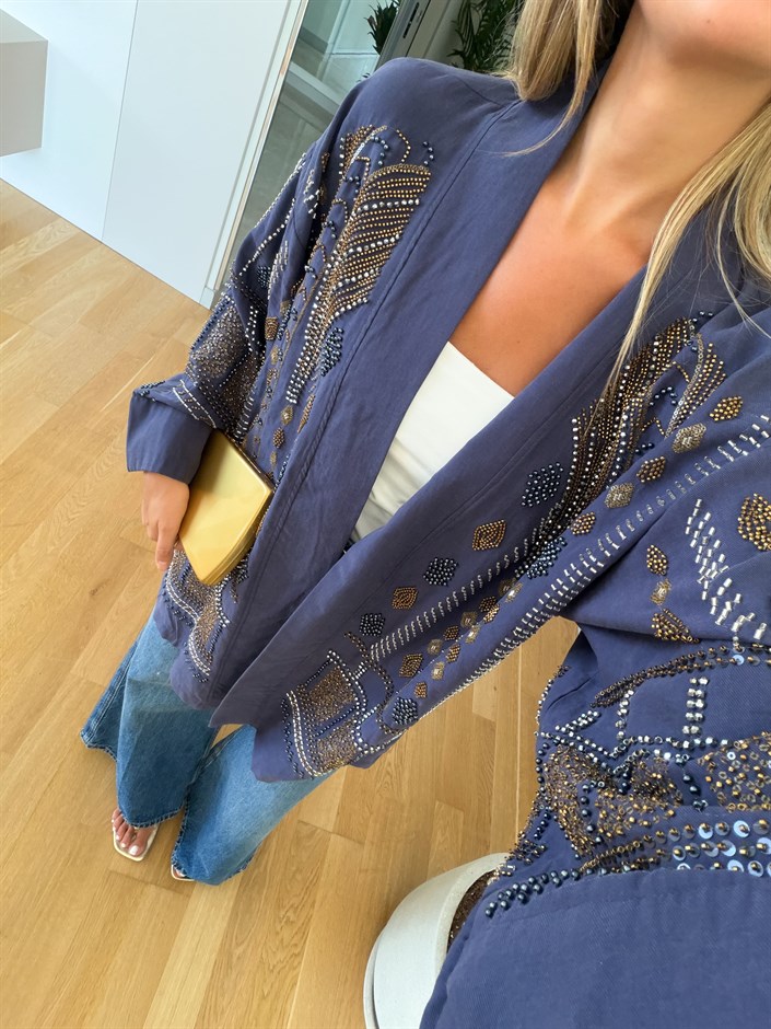 Daly Boncuk İşlemeli Kimono - Lacivert