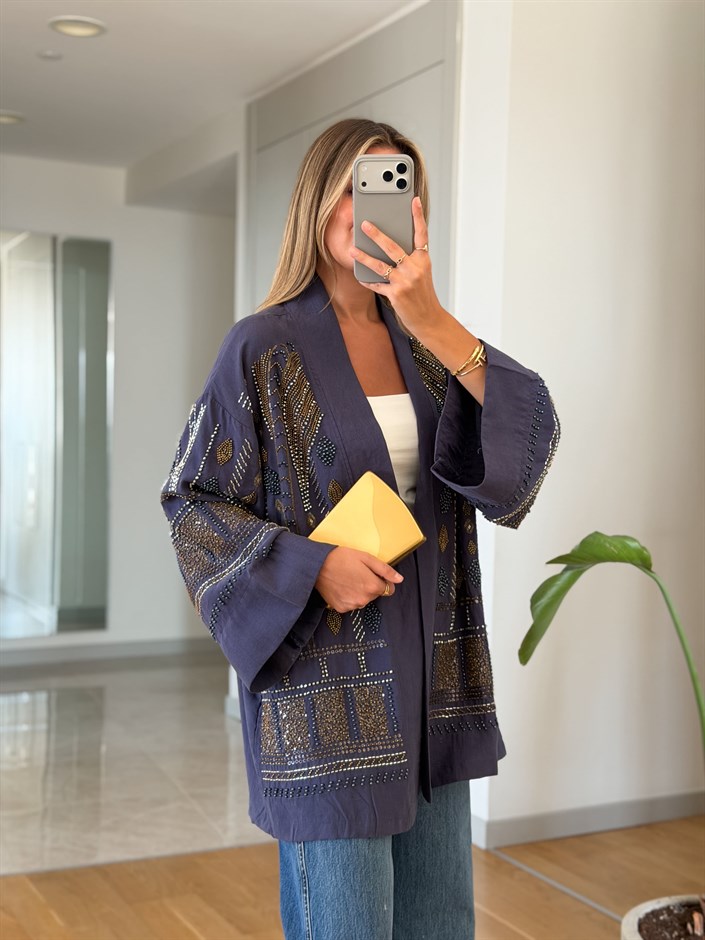 Daly Boncuk İşlemeli Kimono - Lacivert