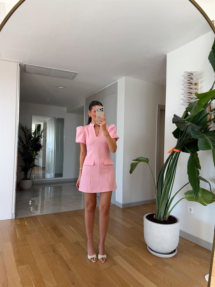 Damla Yaka Balon Kol Elbise - Pembe