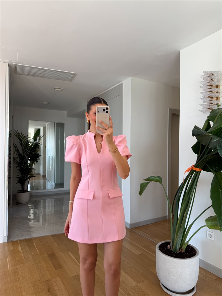 Damla Yaka Balon Kol Elbise - Pembe