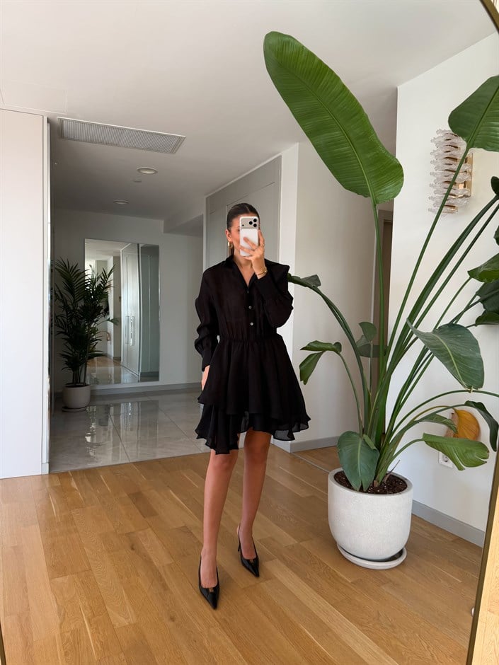 Daniella Volanlı Mini Elbise - Siyah