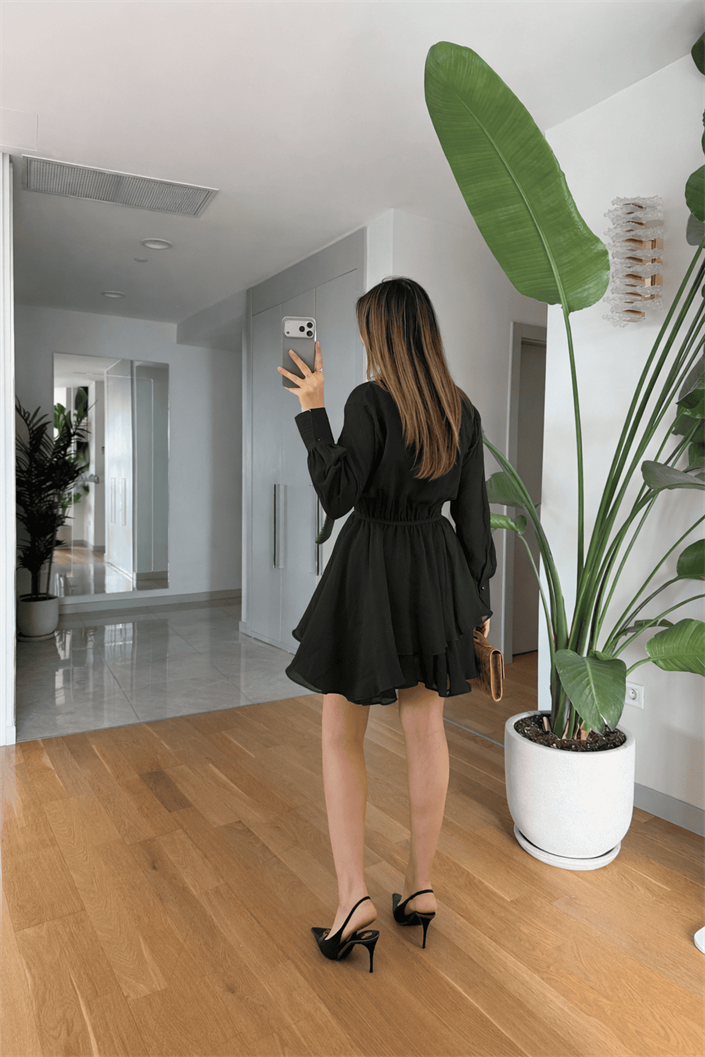 Daniella Volanlı Mini Elbise - Siyah