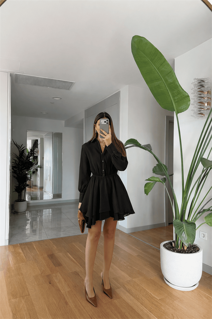 Daniella Volanlı Mini Elbise - Siyah