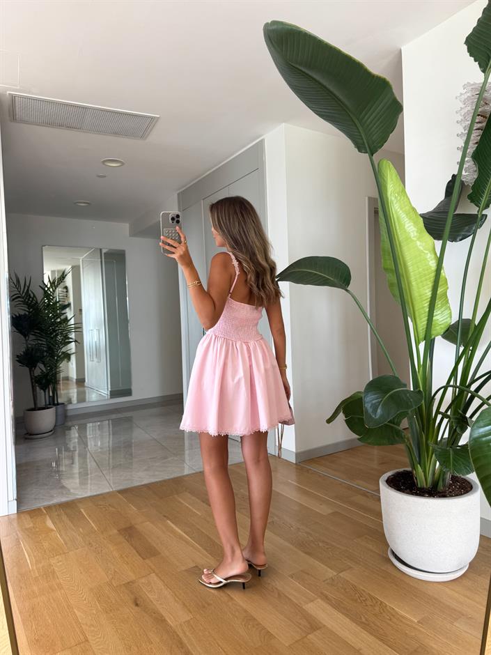Dantel Askı Detaylı Kısa Elbise - Pembe
