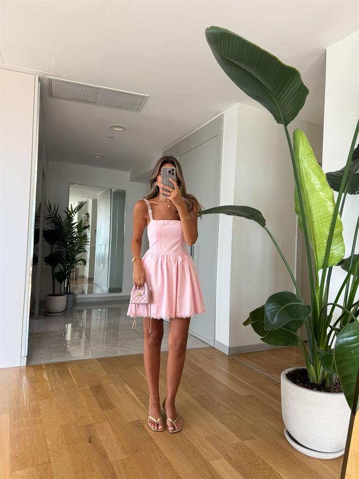 Dantel Askı Detaylı Kısa Elbise - Pembe