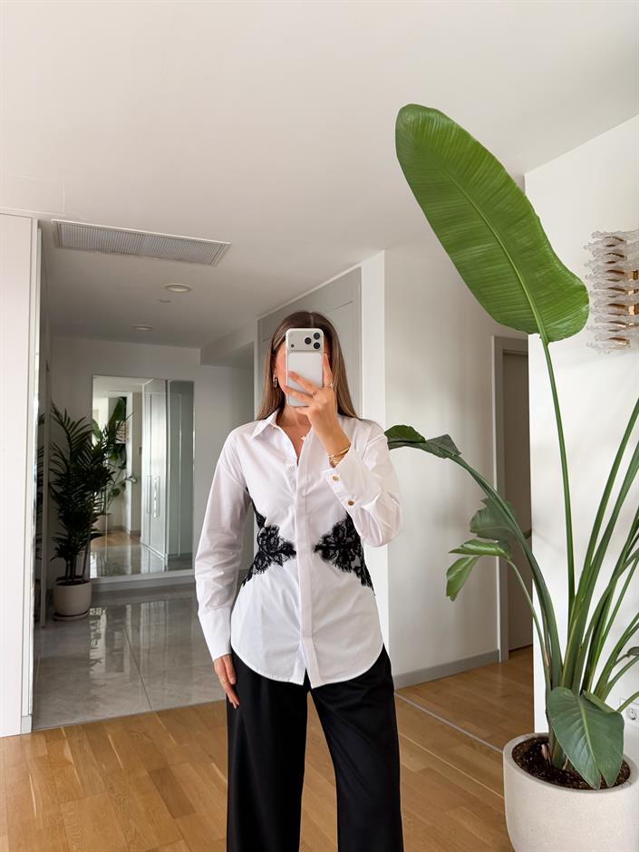 Dantel Detaylı Arkadan Bağlamalı Gömlek - Beyaz