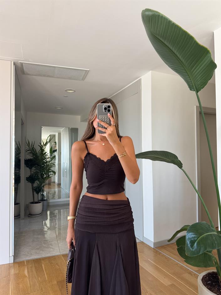 Dantel Detaylı Crop - Kahve