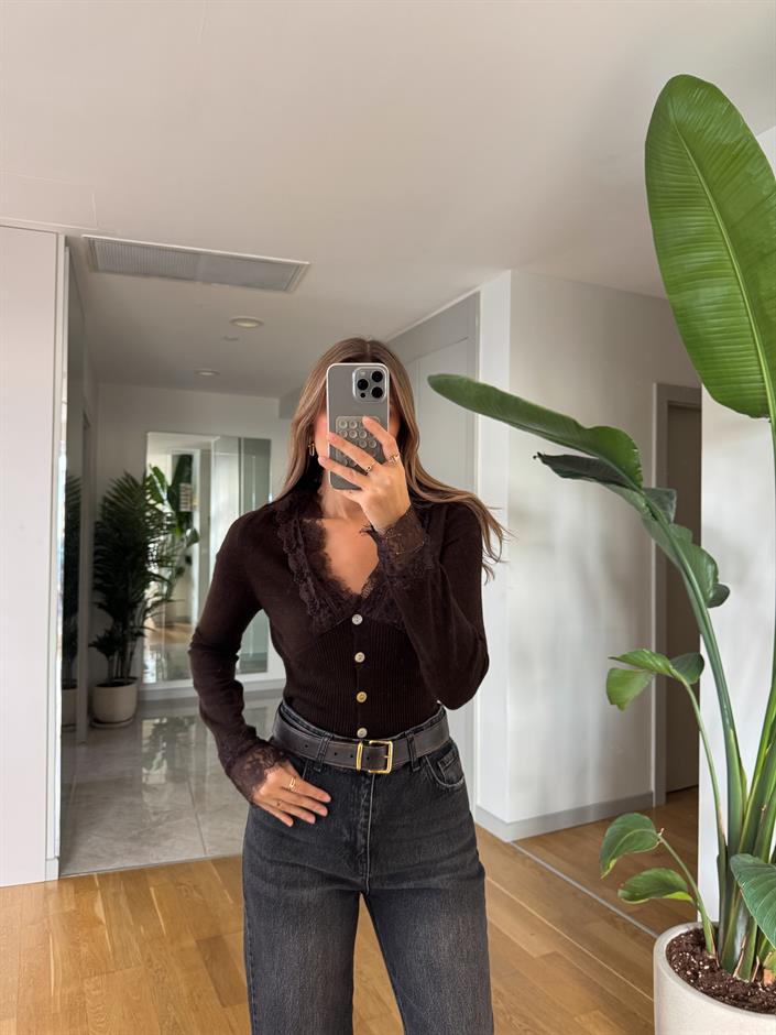 Dantel Detaylı Hırka - Kahve