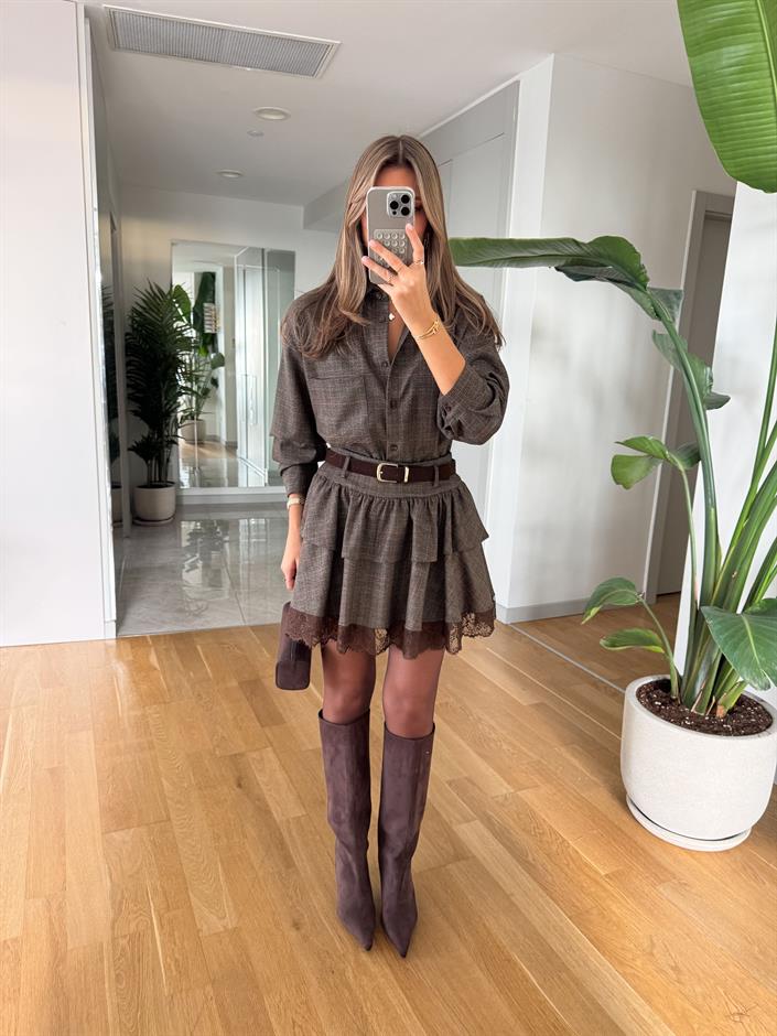 Dantel Detaylı Kat Kat Kemerli Etek  - Açık Kahve