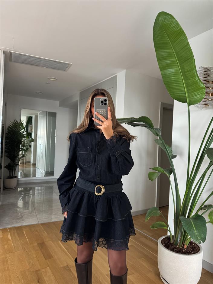 Dantel Detaylı Kemerli Denim Elbise - Lacivert