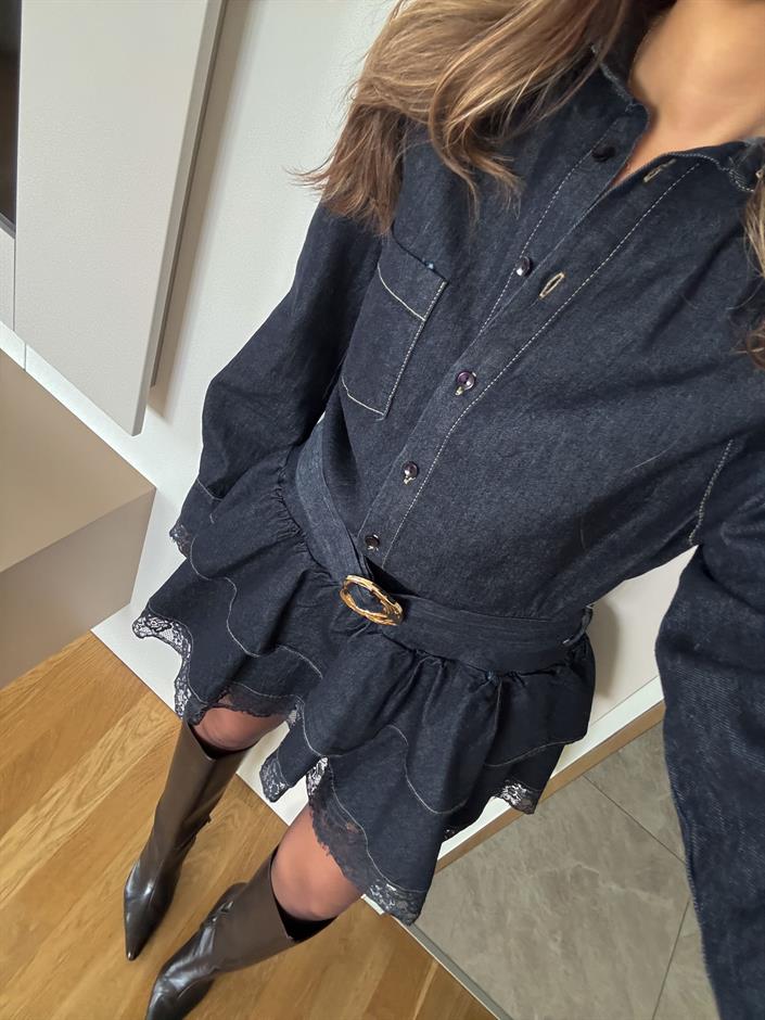 Dantel Detaylı Kemerli Denim Elbise - Lacivert