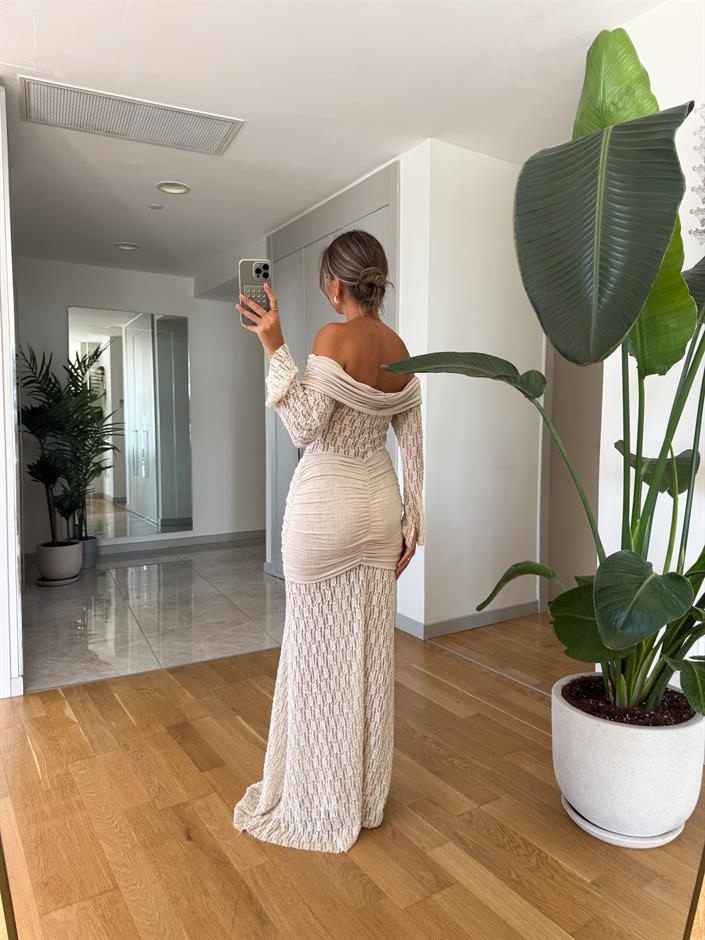 Dantel Detaylı Maxi Drapeli Elbise - Ekru