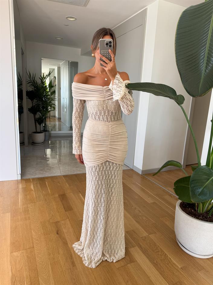 Dantel Detaylı Maxi Drapeli Elbise - Ekru